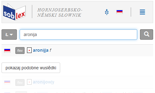 Screenschot des Online-Wörterbuchs soblex mit dem neu aufgenommenen Wort Aronia